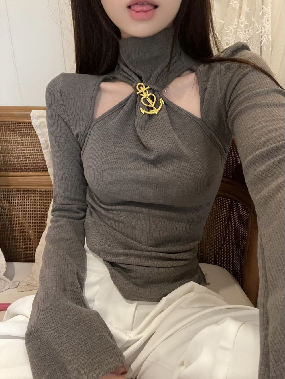 實拍三標齊純欲鏤空小性感掛脖顯瘦長袖T恤上衣女