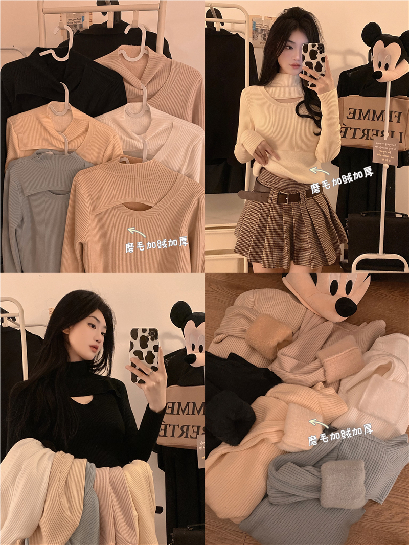 Real shot!  Autumn and winter hollow one-piece velvet and thickened half turtleneck knitted sweater base layer