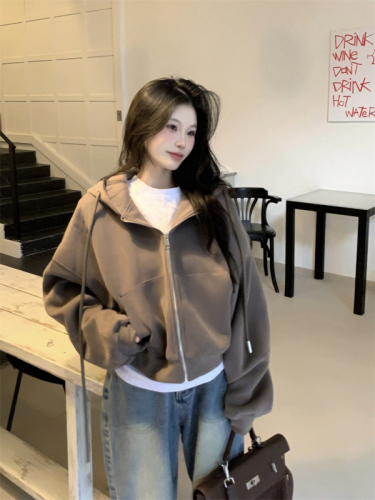 Real shot!  Plush velvet lazy style loose hooded sweatshirt jacket for women autumn and winter new fashion ins versatile long-sleeved top