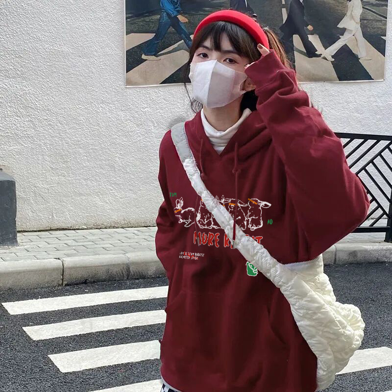 oversize美式復古兔年本命年酒紅色情侶秋冬季加絨連帽衛衣女外套