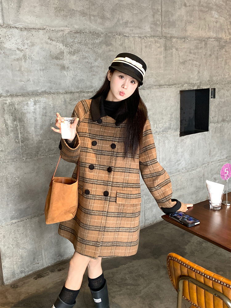 Actual shot of autumn and winter Korean chic retro contrasting plaid thickened quilted woolen jacket