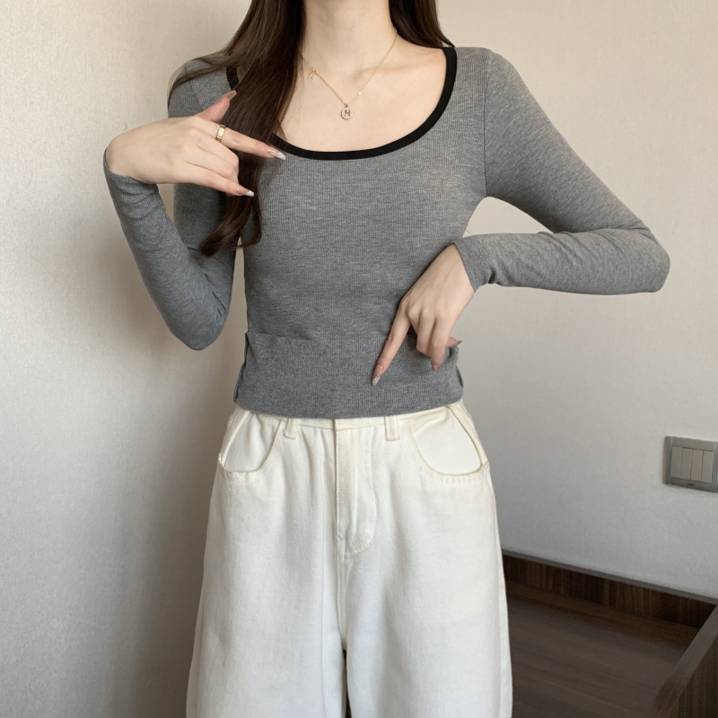 實拍 大碼帶胸墊方領長袖T恤打底衫女保暖加絨加厚秋冬上衣