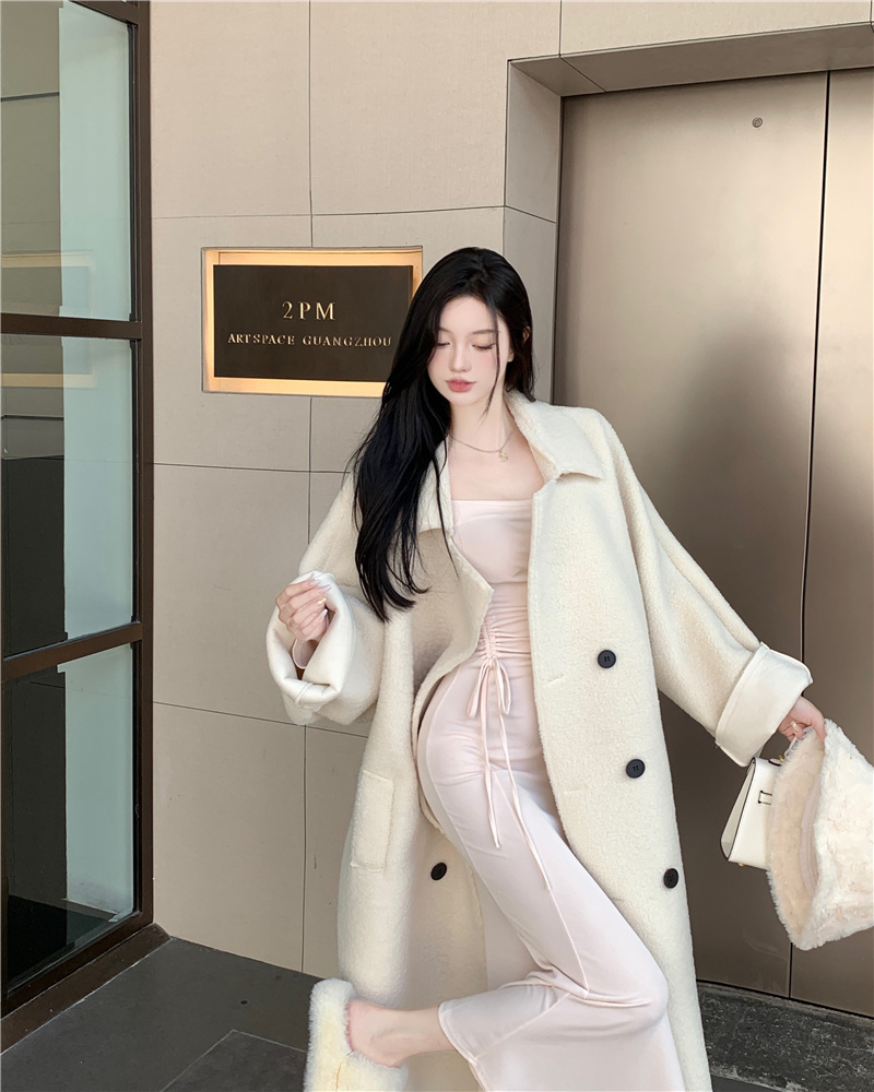實拍~皮毛一體大衣羊羔毛外套女冬季中長款加厚赫本風長外套