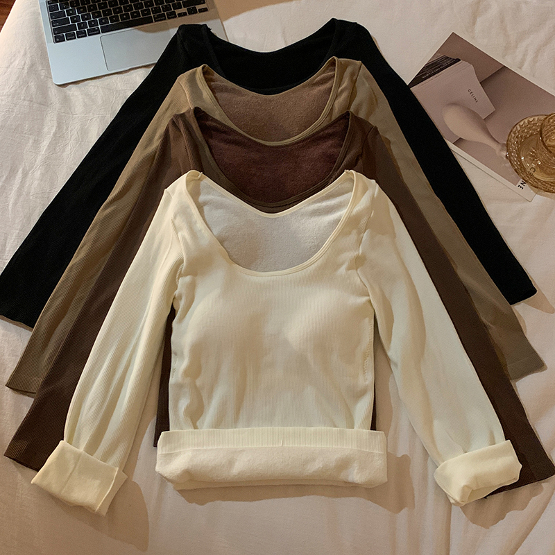 Real shot of winter warm brushed plus velvet thickened square collar clavicle slim long-sleeved top for women with base layer
