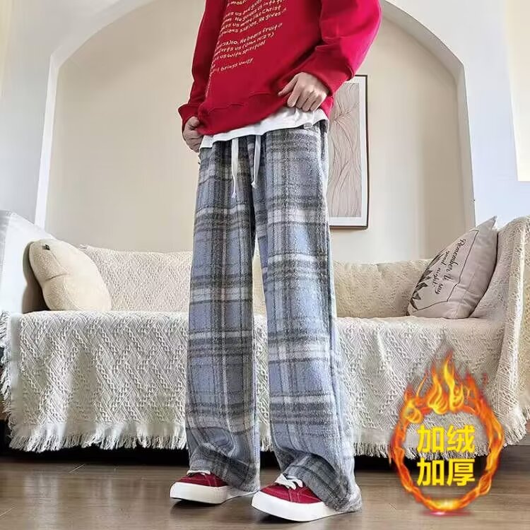毛呢格子褲子男女秋冬2023新款高腰垂感休閒直筒窄版加絨闊腿褲