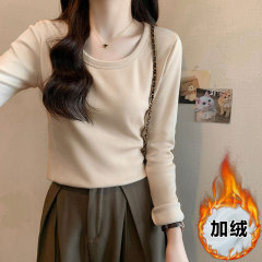 Women's Autumn/Winter Solid Color Versatile Long-Sleeve T-Shirt with Padded Fabric, Comfy Fleece-Lined Top with Slim Fit and Large Collar, Ideal as an Underlayer