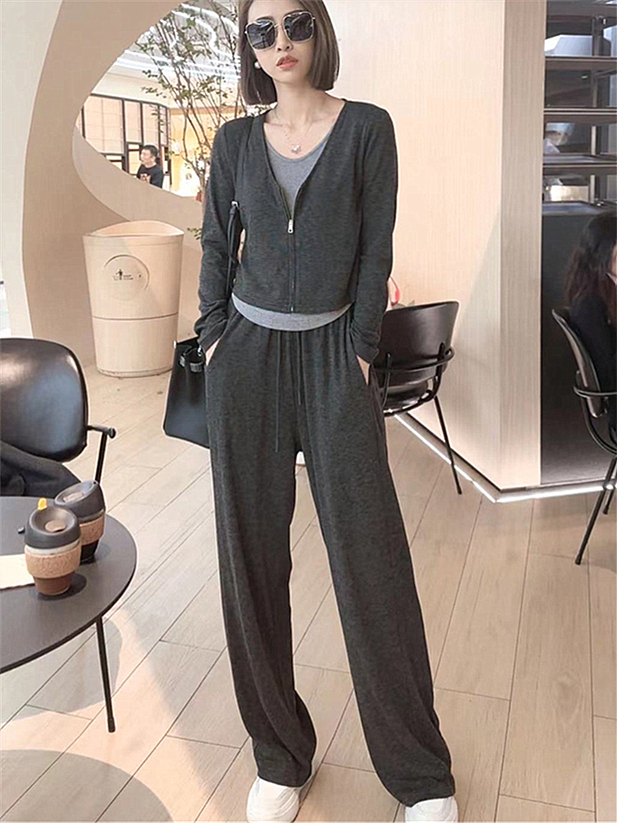 百搭高級感寬鬆時尚復古炸街休閒秋冬季套裝女上衣闊腿褲兩件套