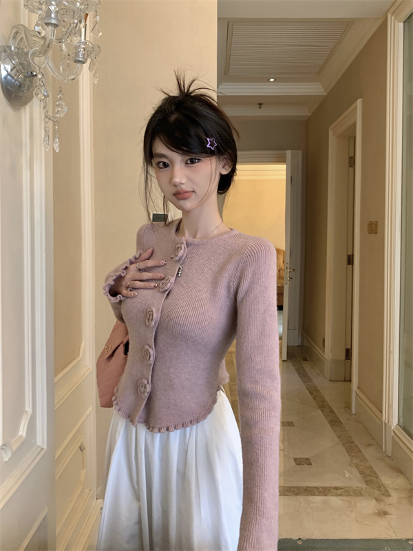 實拍 立體花朵長袖針織衫甜美設計感木耳邊修身顯瘦紫色內搭