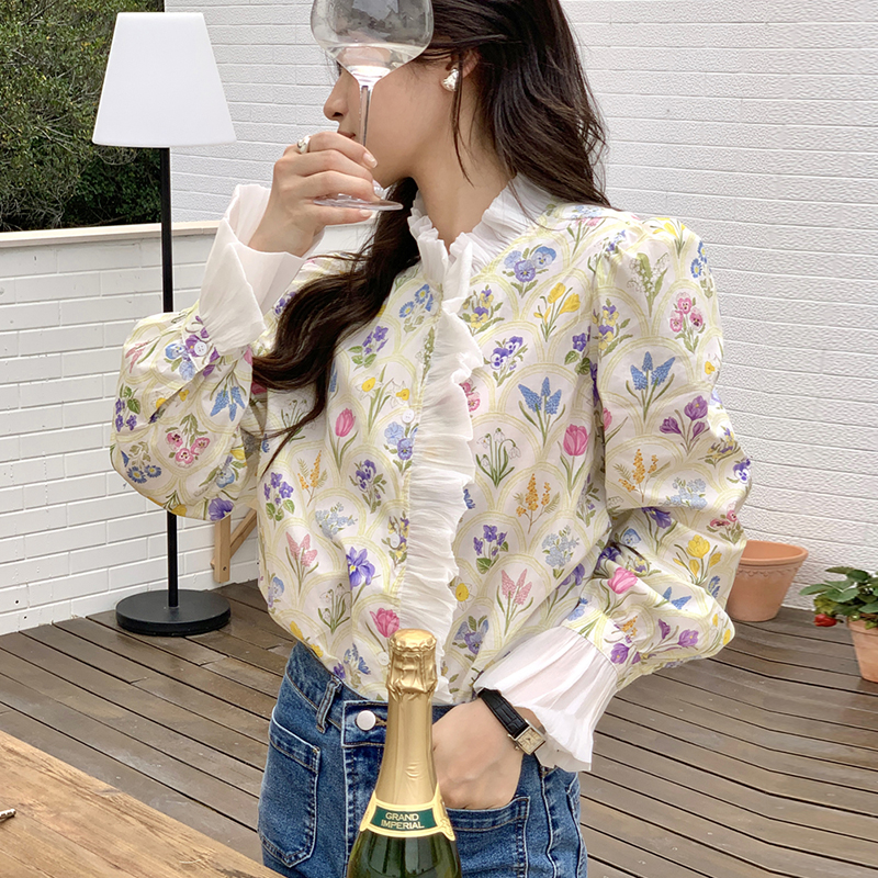 韓國chic夏季法式浪漫高領拼接荷葉邊花色印花設計喇叭袖襯衫上衣