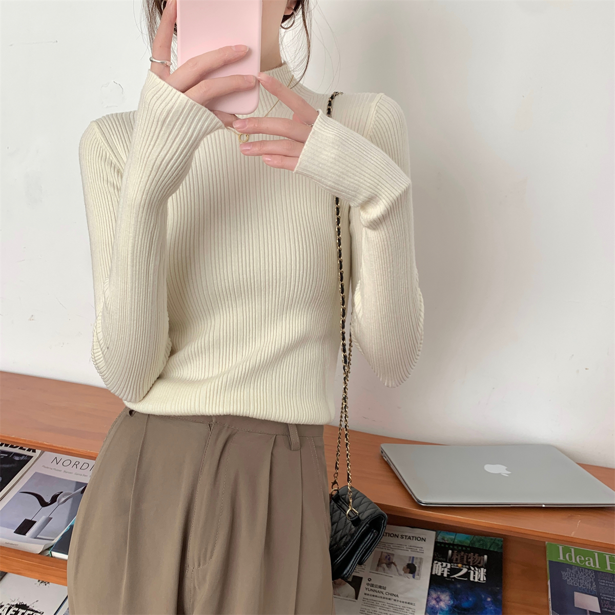 Actual shot of autumn and winter Korean style slim half turtleneck solid color inner andy velvet versatile knitted bottoming sweater