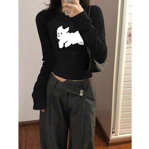 Shoulder bag collar street retro black short long-sleeved top design niche autumn thin slimming T-shirt