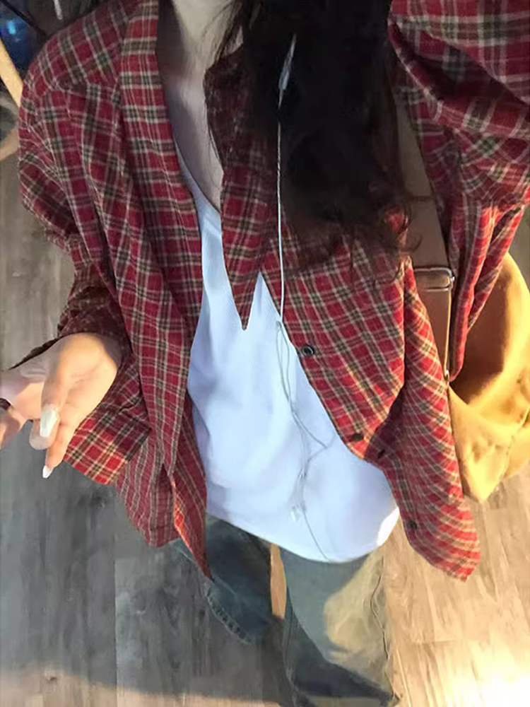 Retro classic red small plaid long-sleeved shirt women's thin spring, autumn and winter outer wear 2023 design loose jacket