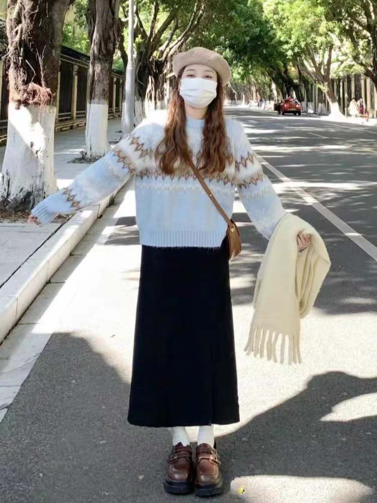 秋冬季小個子茶系穿搭藍色針織毛衣半身裙減齡輕熟高級感兩件套裝