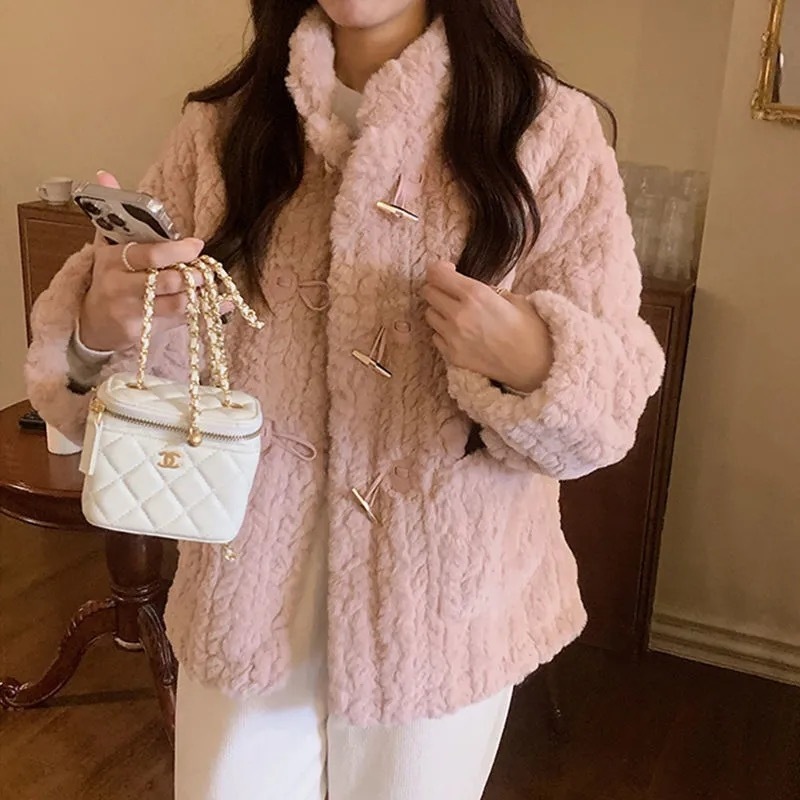 Short style small fragrant horn button winter lamb plush velvet jacket women's new style small person autumn and winter versatile