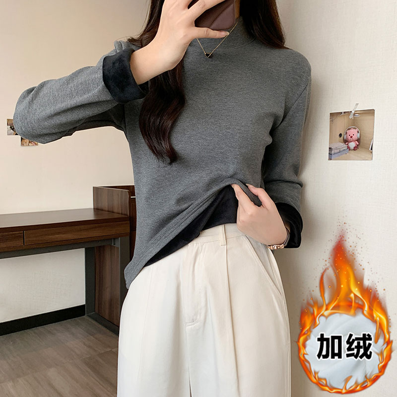 實拍複合絨加厚半高領打底衫女秋冬純色修身百搭保暖長袖上衣