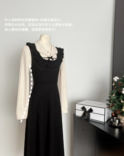 月光曲 法式拼接假两件复古小黑裙显瘦针织连衣裙长裙