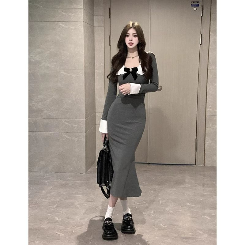 娃娃領長袖連衣裙女秋季2023新款韓系高級感修身顯瘦包臀魚尾長裙
