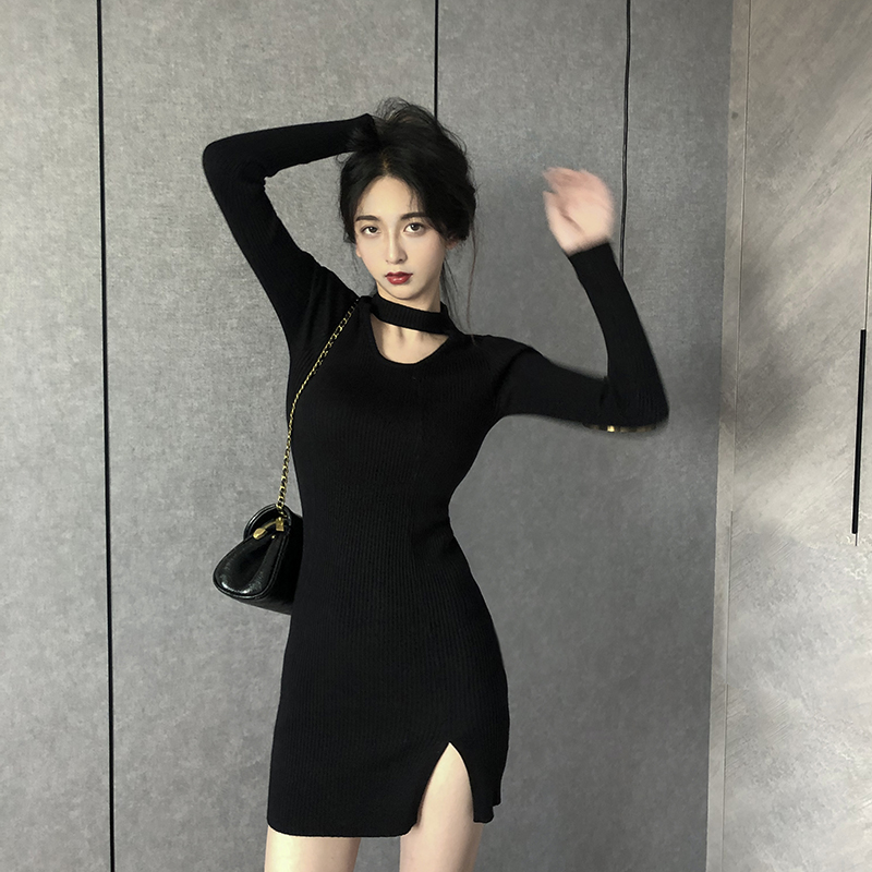 性感黑天鵝 氣質修身高腰打底中長款針織連衣裙包臀裙