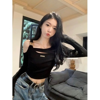 DeRong T-shirt women's early autumn and winter one-shoulder casual off-shoulder top