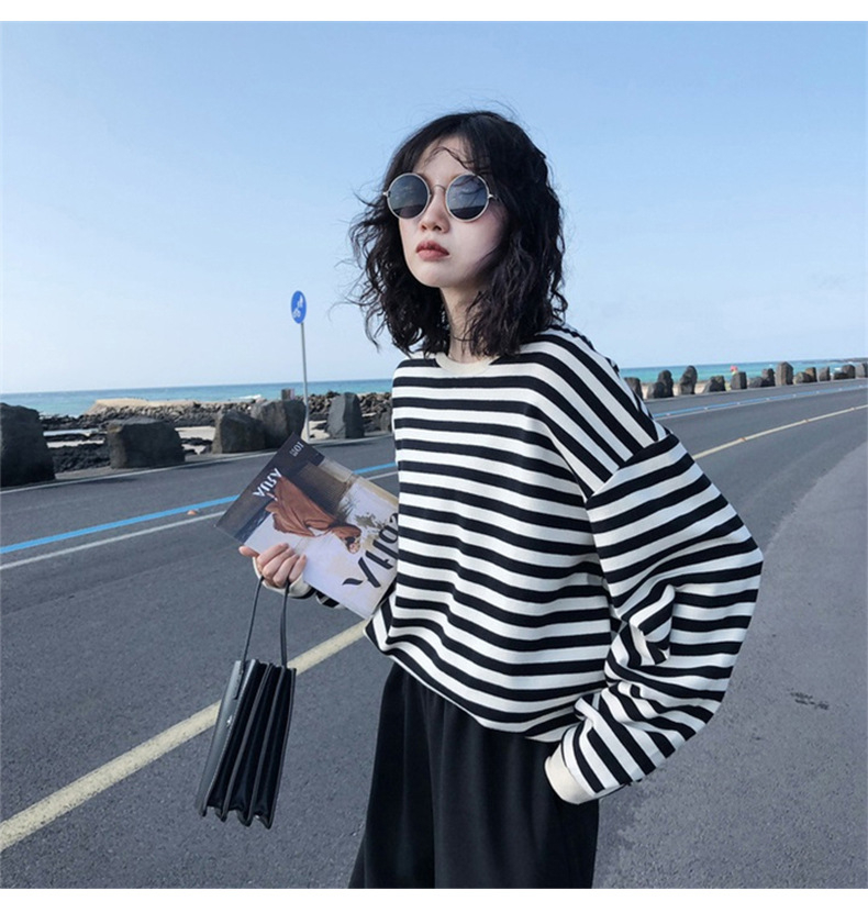 滌魚鱗薄款秋季韓版條紋長袖T恤女上衣寬鬆圓領衛衣女