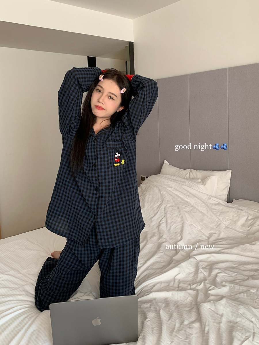 Grid Mickey Nymphic Ins Women's 2024 Spring and Autumn New Long Sleeve Long Pants Homecoming Official Image