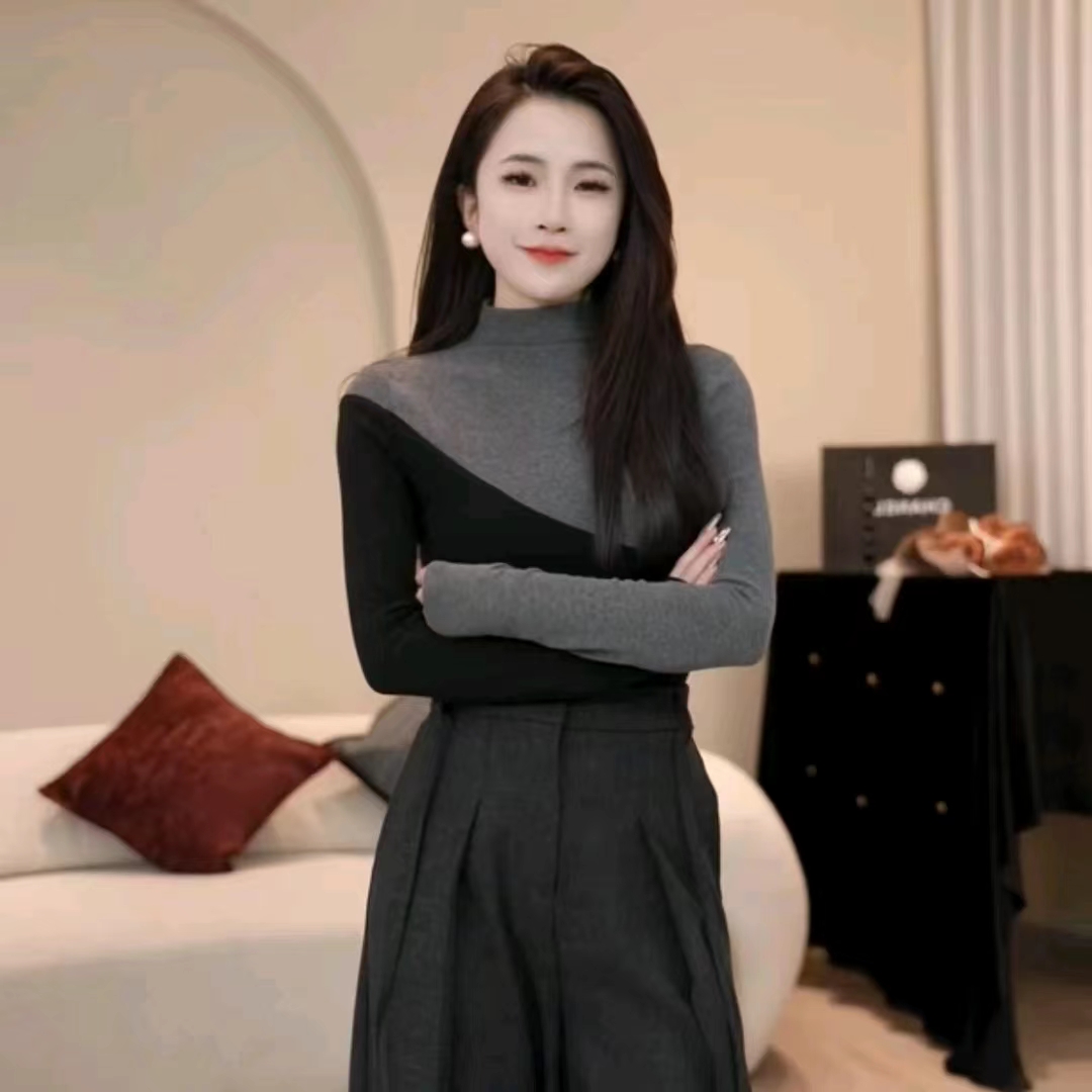 藝術人生秋冬洋氣撞色百搭半高領長袖T恤女拼接修身顯瘦4002
