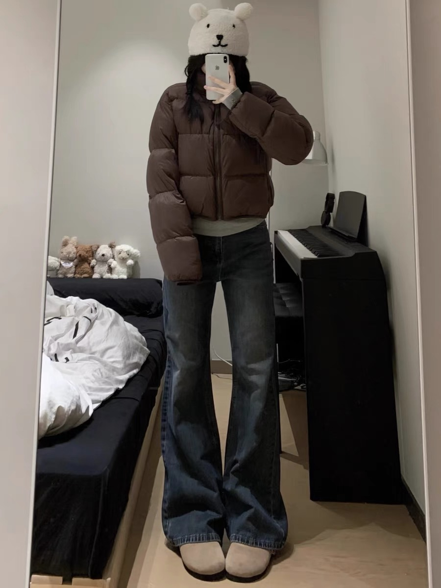 加絨加厚美式復古藍色微喇叭牛仔女秋冬新款高腰顯瘦直筒拖地褲子