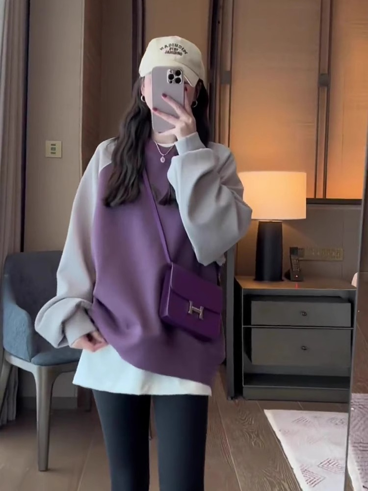 歐貨拼接撞色插肩袖加絨衛衣女小個子秋冬2023新款寬鬆設計感上衣