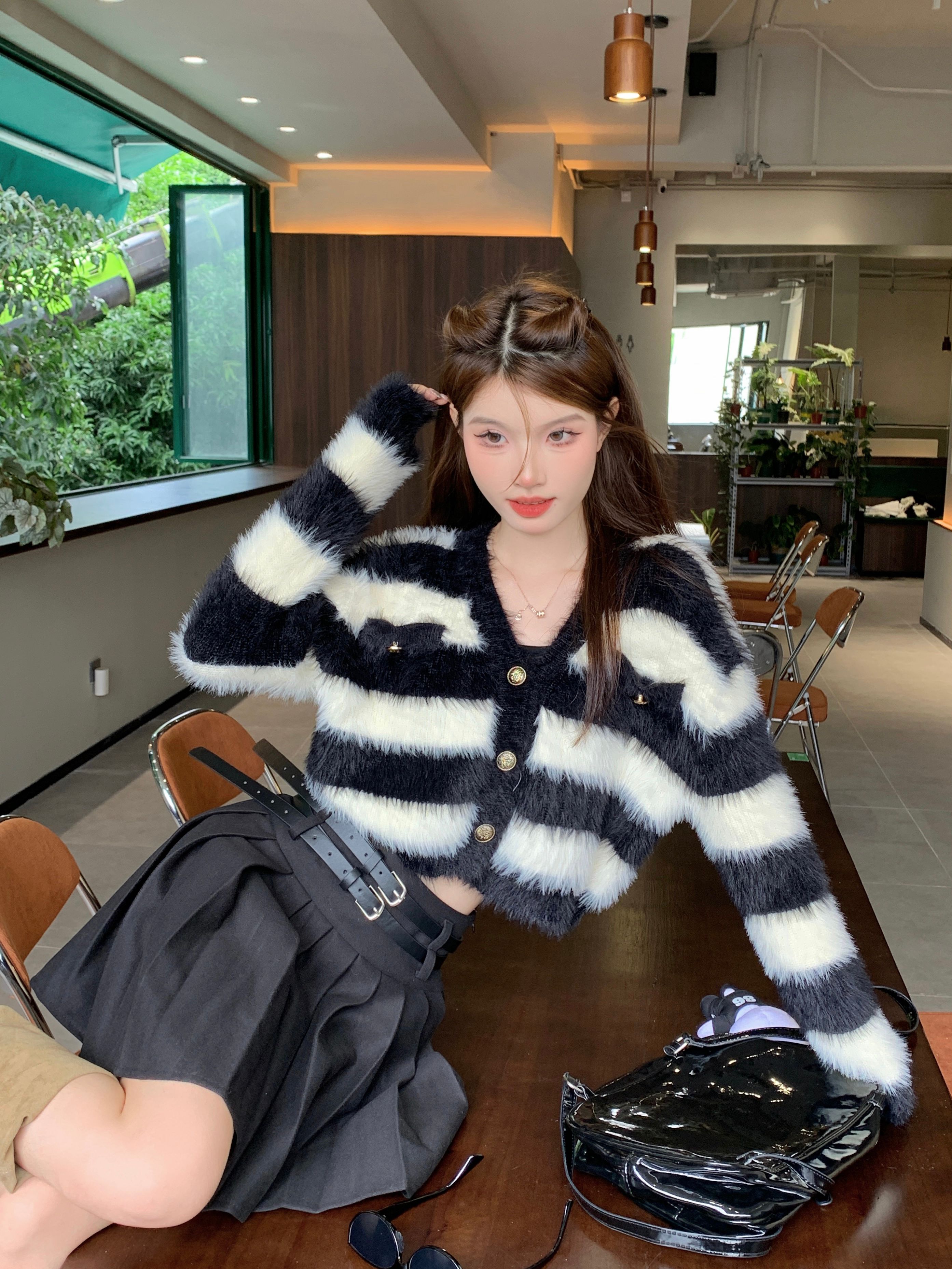 實拍 套裝仿水貂絨軟糯長袖毛衣外套女裝秋冬慵懶風寬鬆上衣