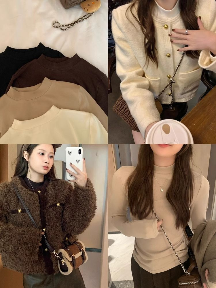 網紅秋冬半高領小立領打底衫t恤女百搭長袖修身內搭上衣