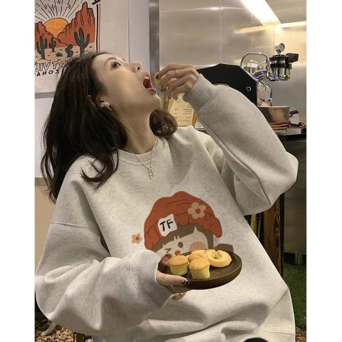 Harajuku BF thickened velvet pullover round neck sweatshirt for female students salt loose top autumn and winter coat lazy style