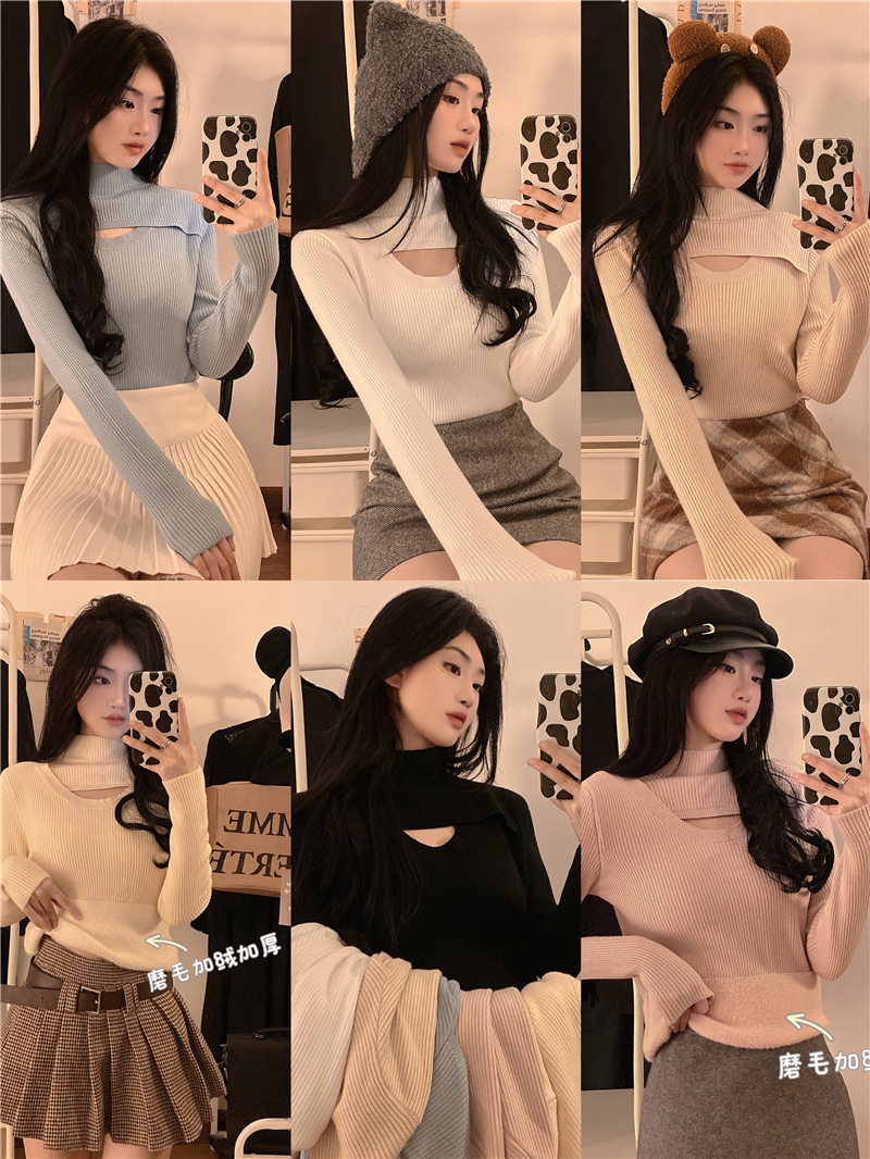 Real shot!  Autumn and winter hollow one-piece velvet and thickened half turtleneck knitted sweater base layer