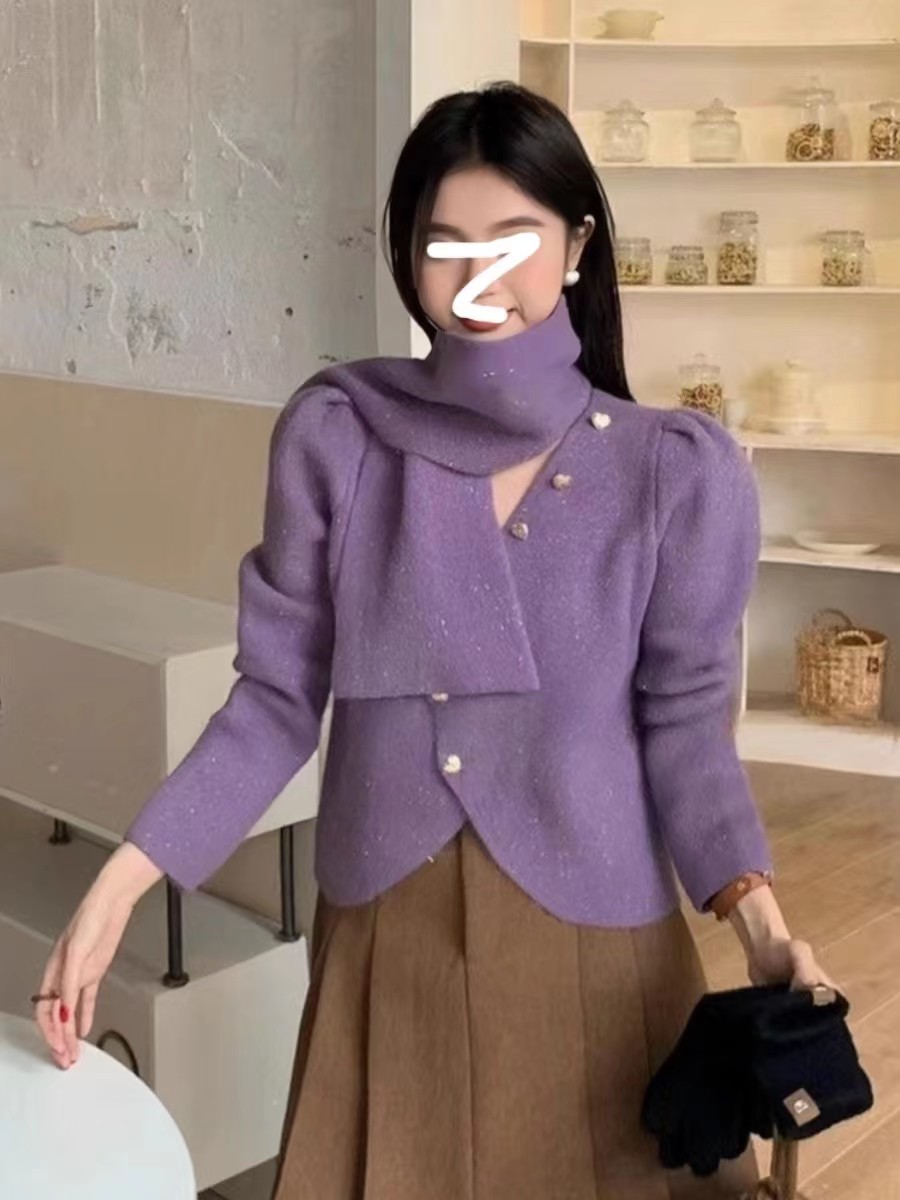 法式氣質交叉v領愛心紐扣亮絲針織開衫女秋冬復古泡泡袖圍巾毛衣