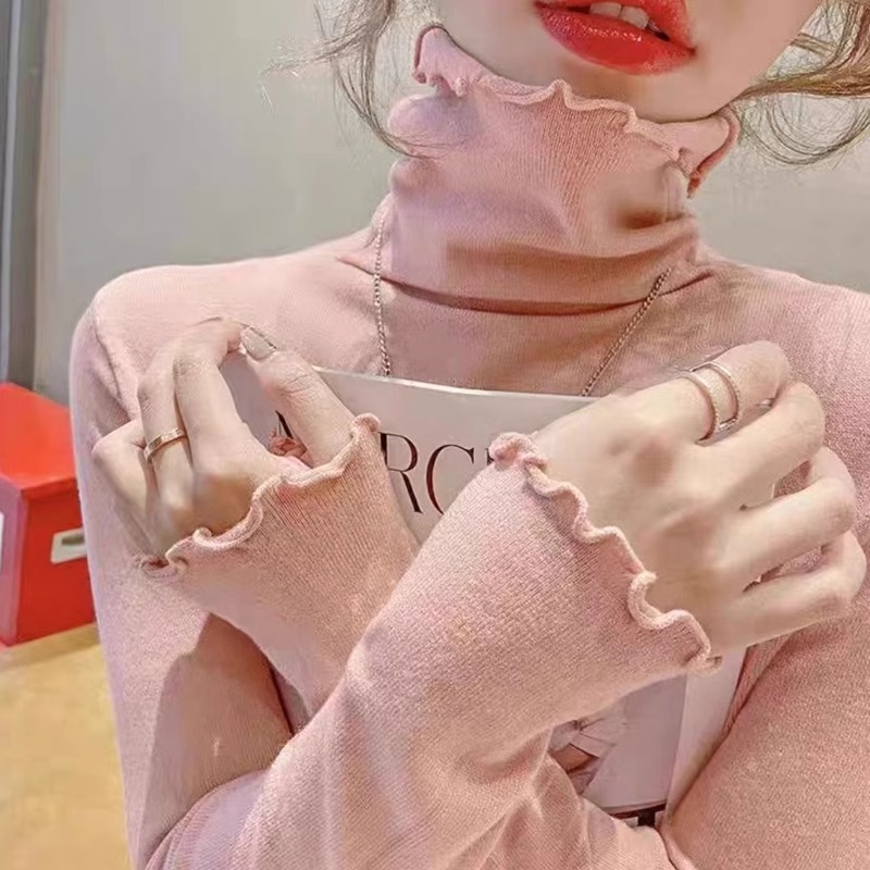 新款高領木耳邊打底衫女秋冬季內搭粉色毛衣針織衫上衣洋氣百搭潮