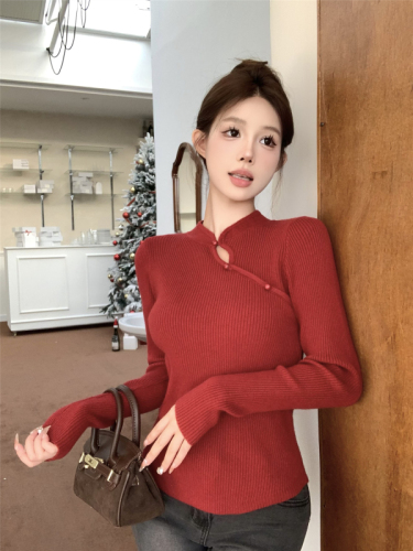 Actual shot~Autumn and winter Korean version of slim-fitting half-high collar oblique buttoned national style design Andy velvet knitted bottoming sweater