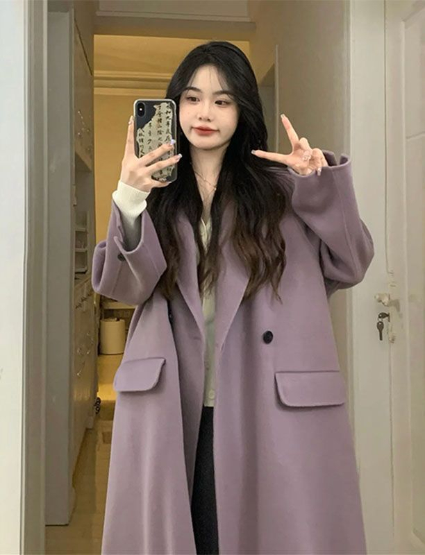 Hepburn style small high-end mid-length woolen 2023 autumn and winter new purple coat for women
