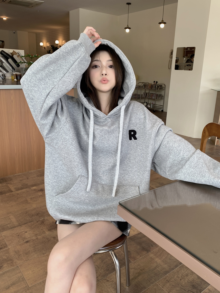 實拍 抽繩休閒加絨加厚連帽美式寬鬆衛衣