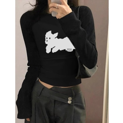 Shoulder bag collar street retro black short long-sleeved top design niche autumn thin slimming T-shirt