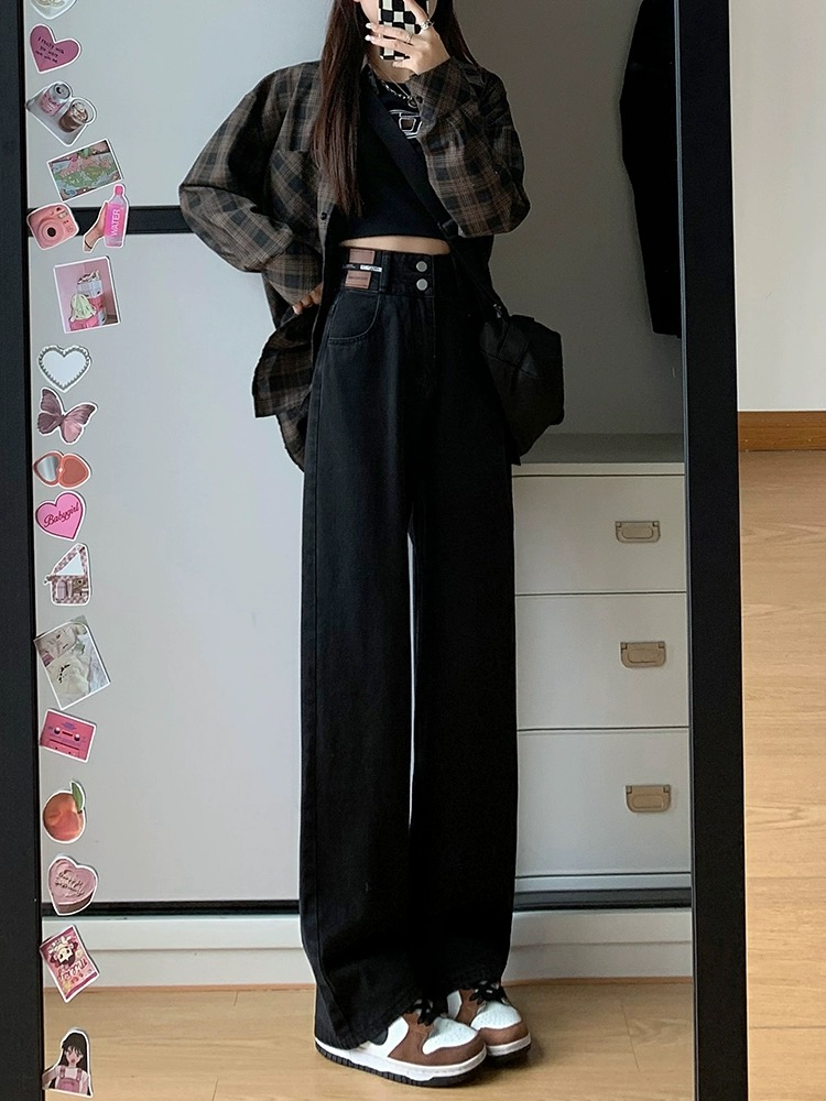 黑色加絨高腰闊腿牛仔褲女2023新款秋季直筒寬鬆小個子窄版拖地褲