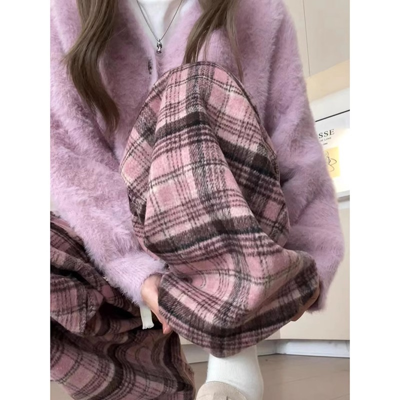 薄款原版格子複合牛奶絲厚款複合銀狐絨寬鬆粉色格子休閒褲女