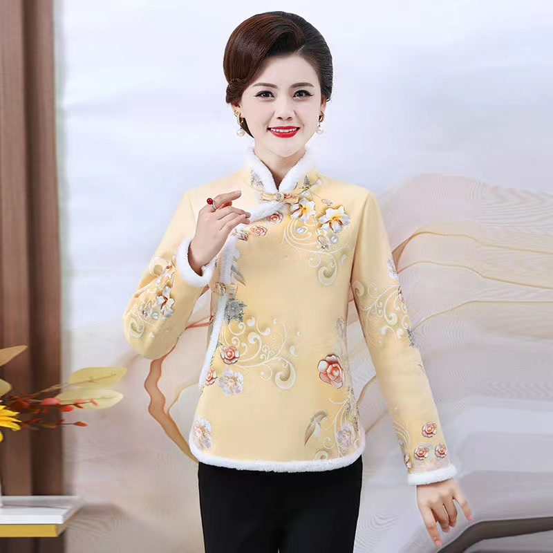 Retro style improved cheongsam top short cheongsam to cover the flesh, western style mother's wear, ethnic style plus velvet to keep warm winter cheongsam