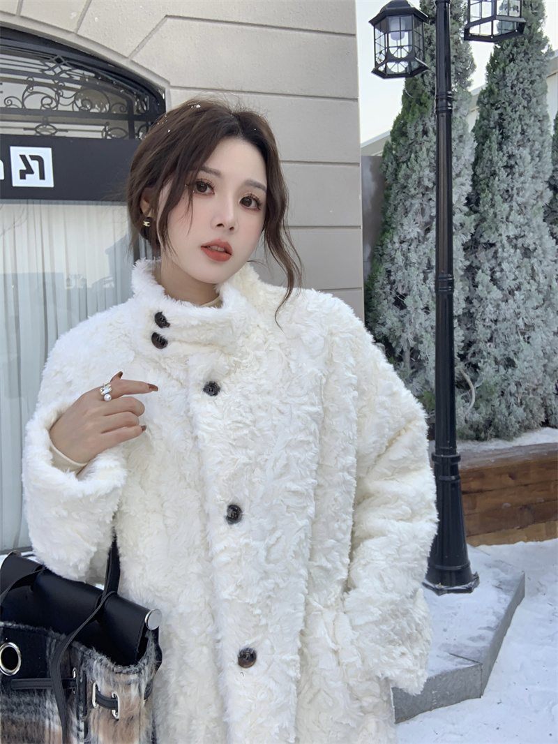 Lamb wool coat, women's long coat, knee-high design, chaebol family imitation rabbit fur, thickened loose stand-up collar