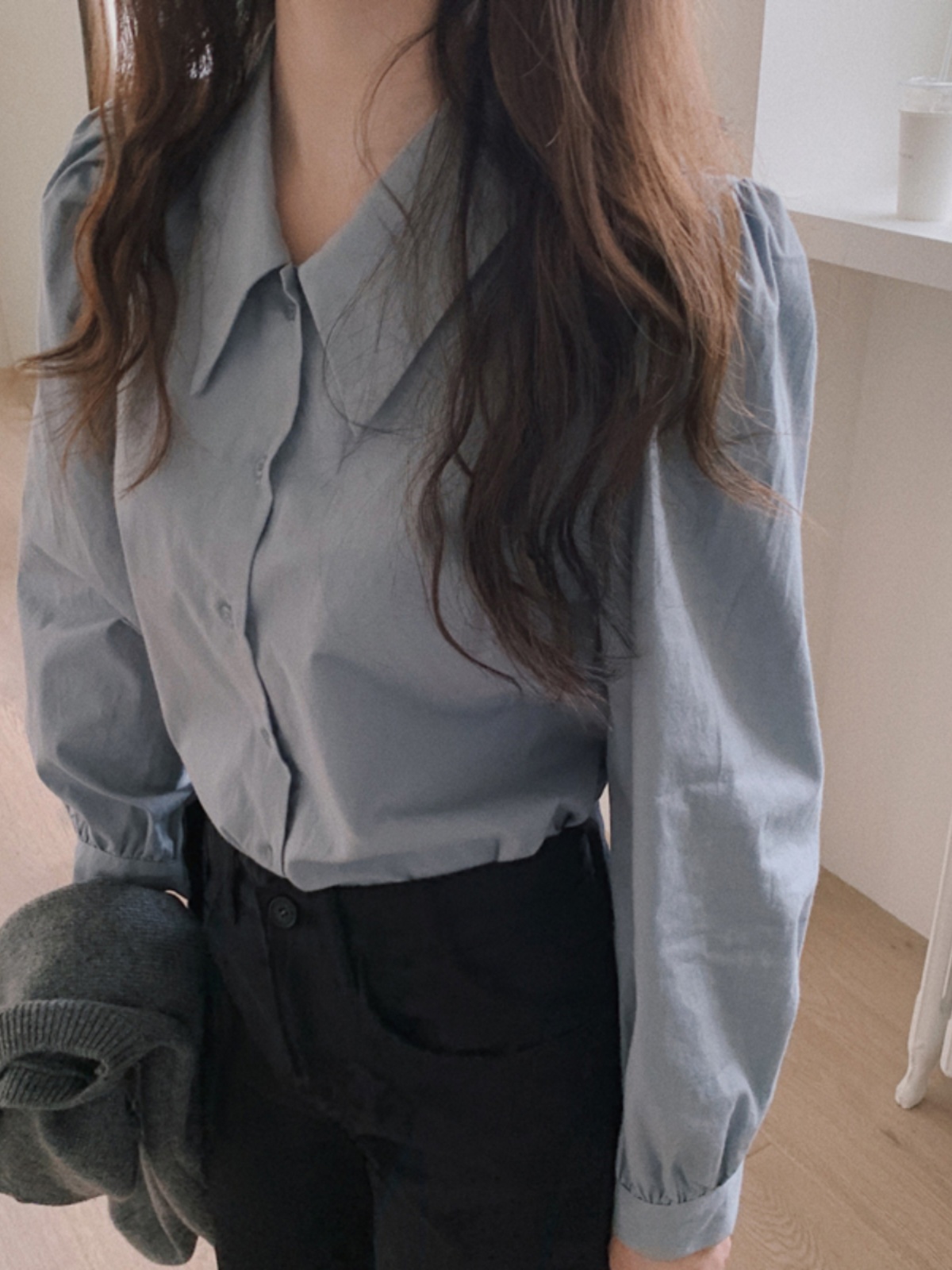 翻領霧藍色小個子疊穿設計感韓版打底上衣