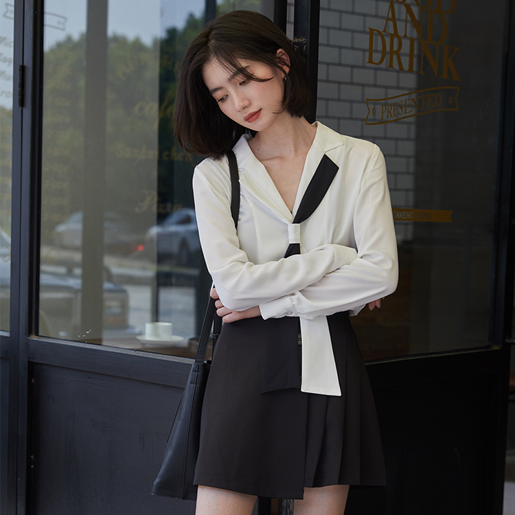 Actual shot of 2024 spring Korean new design temperament tops versatile suit collar chiffon white shirt women's long sleeves