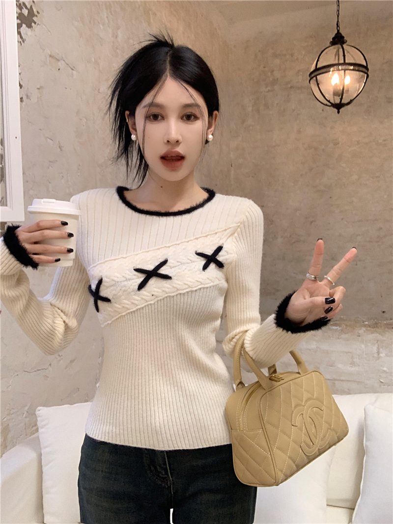 實拍  撞色長袖圓領毛衣女秋冬季甜美溫柔風針織衫上衣