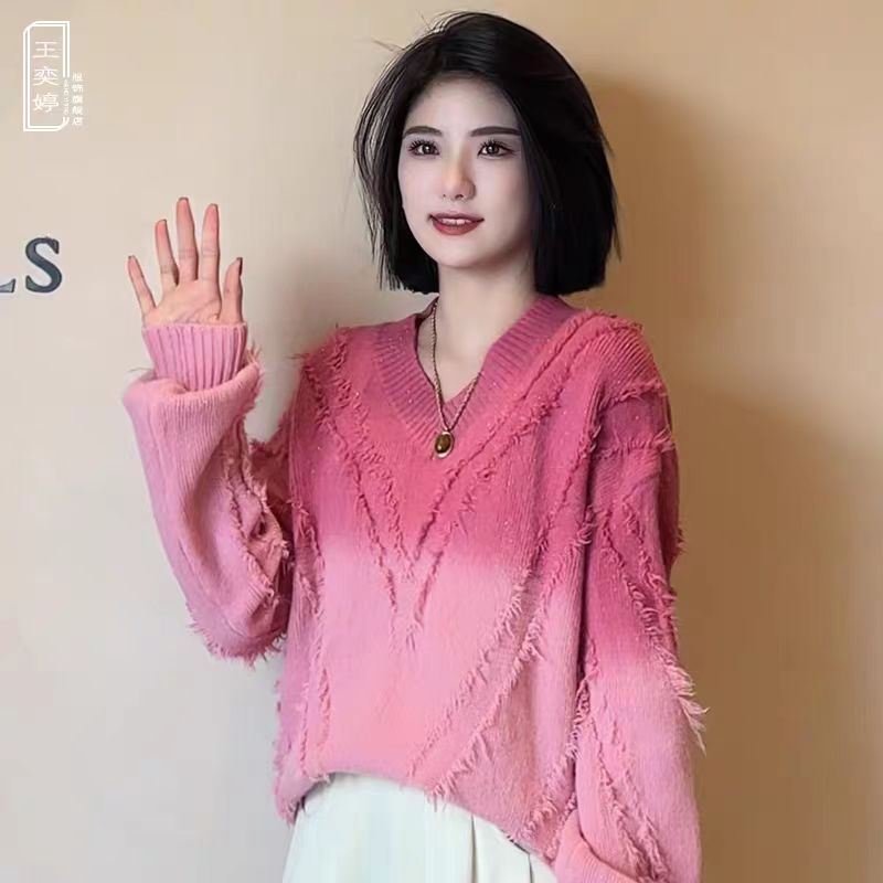 韓版漸變V領流蘇毛衣女秋冬季新款寬鬆保暖時尚減齡漂亮針織上衣