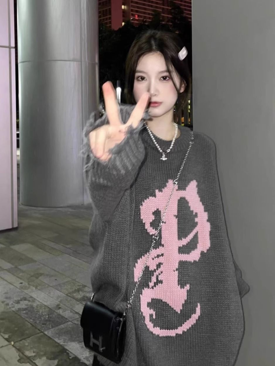 美式慵懶風復古做舊毛衣女秋冬季寬鬆小眾圓領套頭針織衫上衣外套