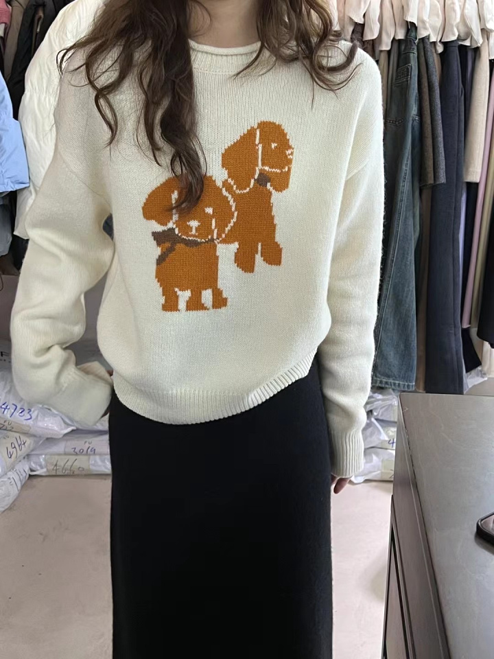 FU冬季新款卡通休閒百搭上衣女2023韓版套頭圓領羊毛小狗圖案毛衣