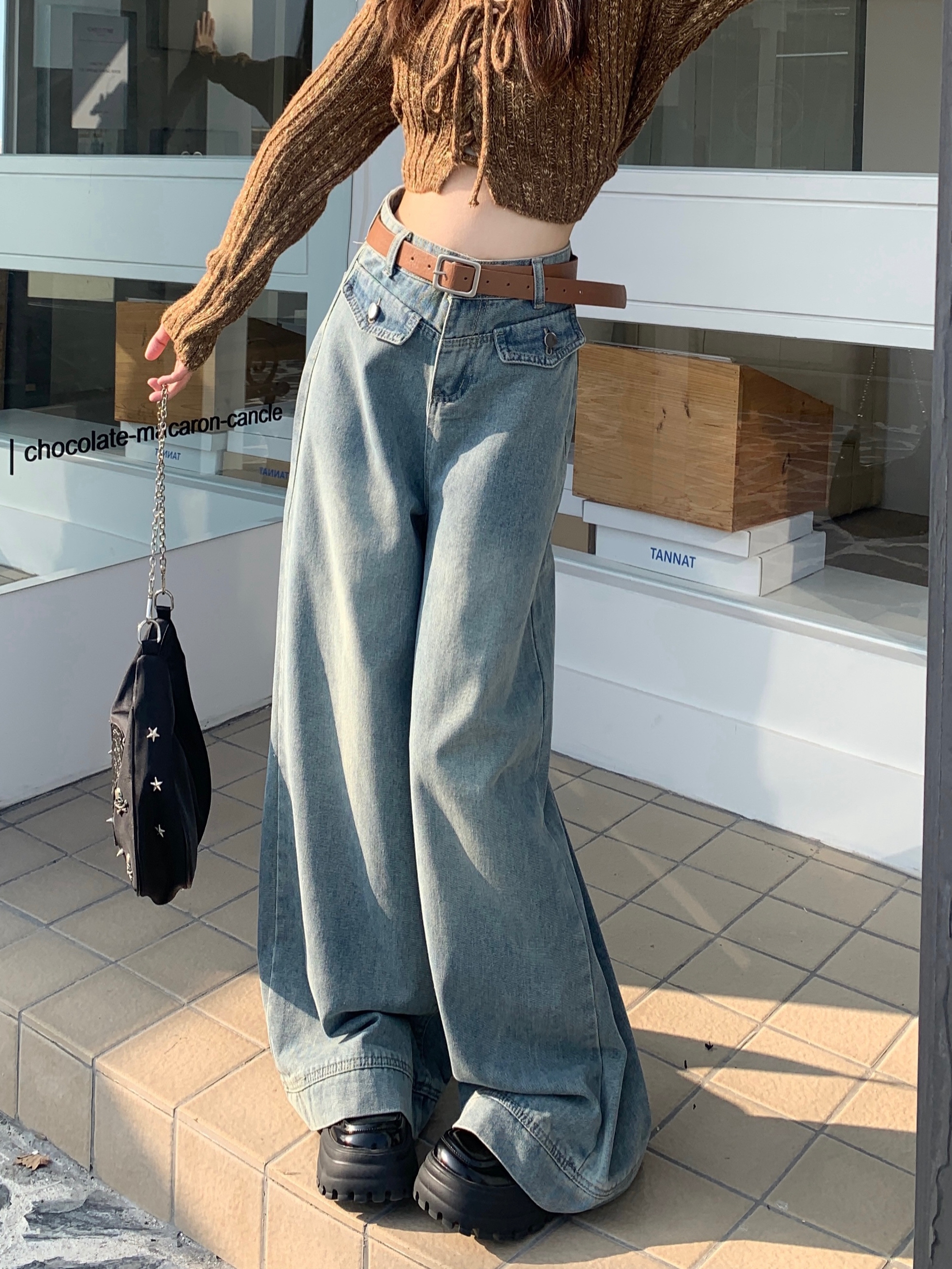 Real shot!  Denim straight-leg pants, high-waisted, loose, slimming and drapey, floor-length wide-leg pants, long pants, ins trend