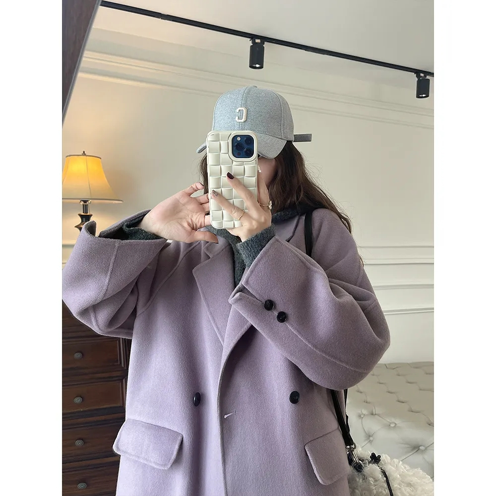 Original method + size Hepburn style small mid-length woolen 2023 autumn and winter purple coat
